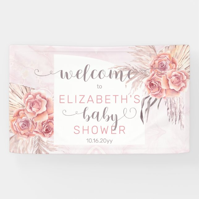 Pampas Grass |Rose Blooms Girl Baby Dusche Willkom Banner (Horizontal)