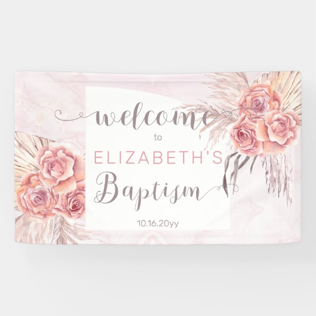 Pampas Grass |Rose Blooms Girl-Taufe Willkommen  Banner (Horizontal)