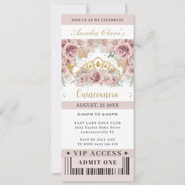 Pampas Grass Rose Quinceañera Sweet 16 VIP Ticket Einladung (Vorderseite)
