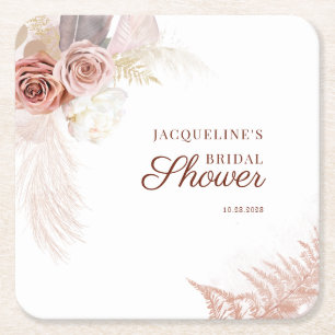 Pampas Grass Script Terracotta Tan Brautparty Rechteckiger Pappuntersetzer