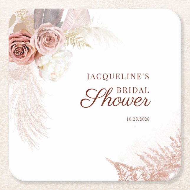 Pampas Grass Script Terracotta Tan Brautparty Rechteckiger Pappuntersetzer (Vorderseite)