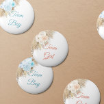 Pampas Grass Team Boy Abstimmung Geschlechteroffen Button<br><div class="desc">Elegantes boho modernes Blumengras-Genie offenbart "He or She baby Dusche Party Team Blue" mit Aquarellbildern von Pampas Gras botanisch mit blauen Blumen.</div>