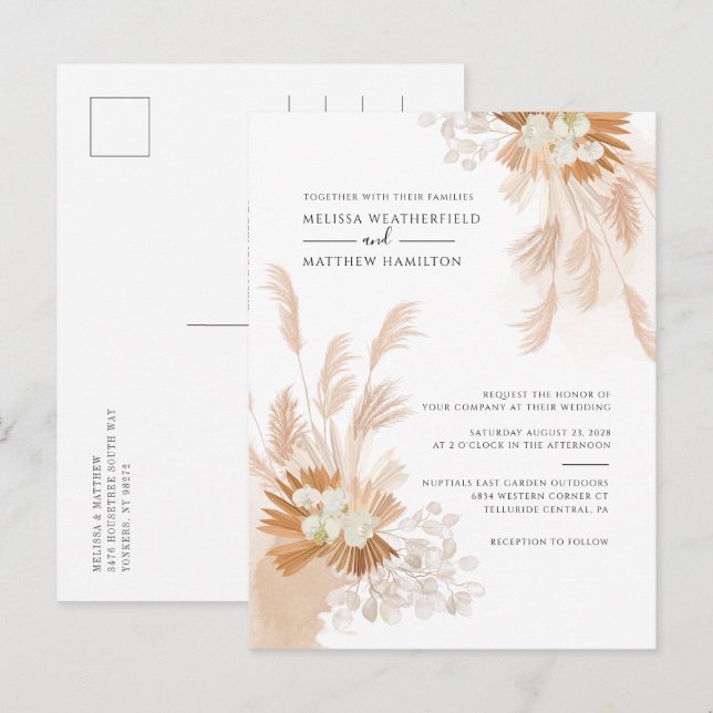 Pampas Grass Terracotta Botanischer Palm Wedding Einladungspostkarte (Vorne/Hinten)
