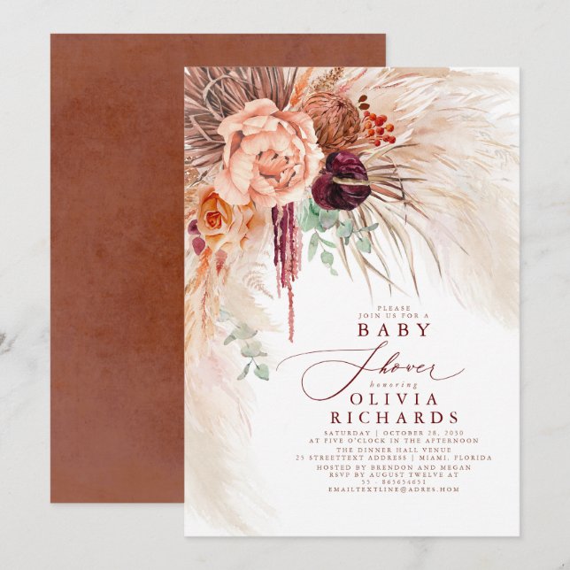 Pampas Grass Terracotta Floral Baby Dusche Einladung (Vorne/Hinten)