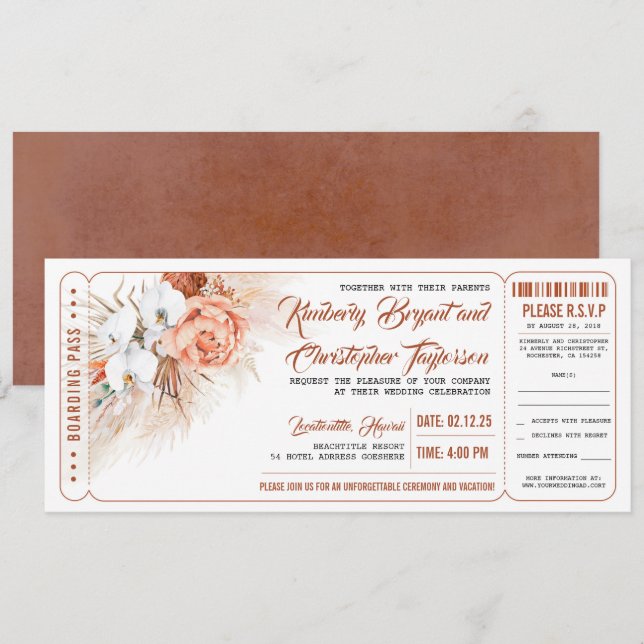 Pampas Grass Terracotta Floral Wedding Ticket Einladung (Vorne/Hinten)