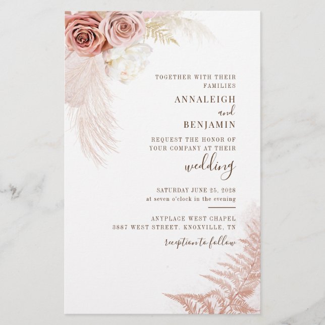 Pampas Grass Terracotta Hochzeit Einladung Briefpapier (Vorderseite)