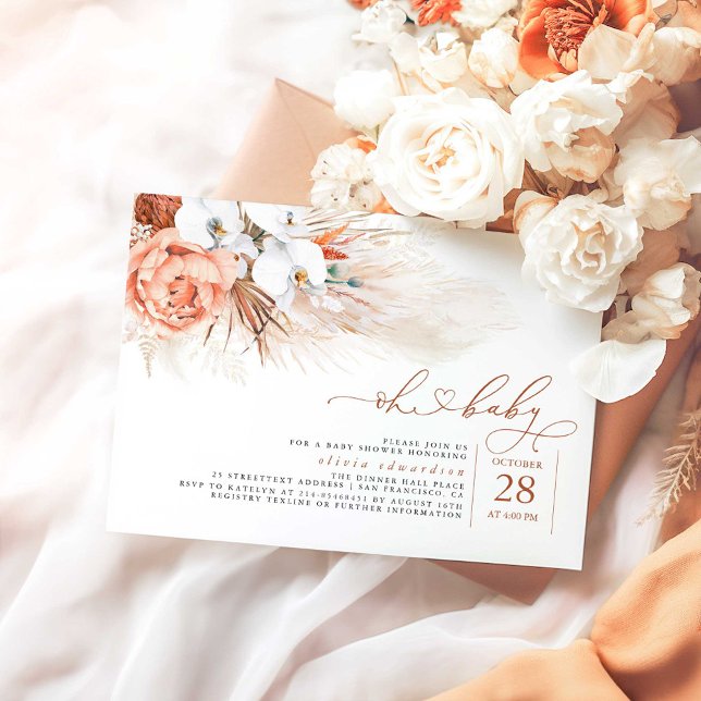 Pampas Grass Terracotta Oh Baby shower Invitation (Oh Baby Terracotta Boho Floral Baby Shower Invitations)