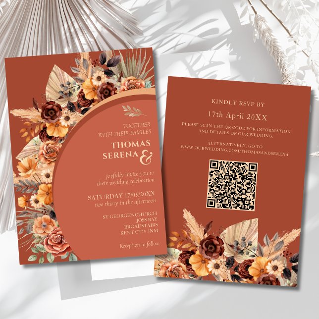 Pampas Grass Terracotta Rustic QR Code Wedding Einladung (Von Creator hochgeladen)