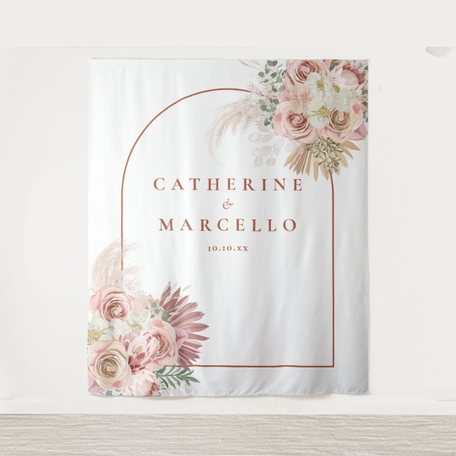 Pampas Grass Terracotta Wedding Foto Hintergrund Wandteppich (Vorderseite)