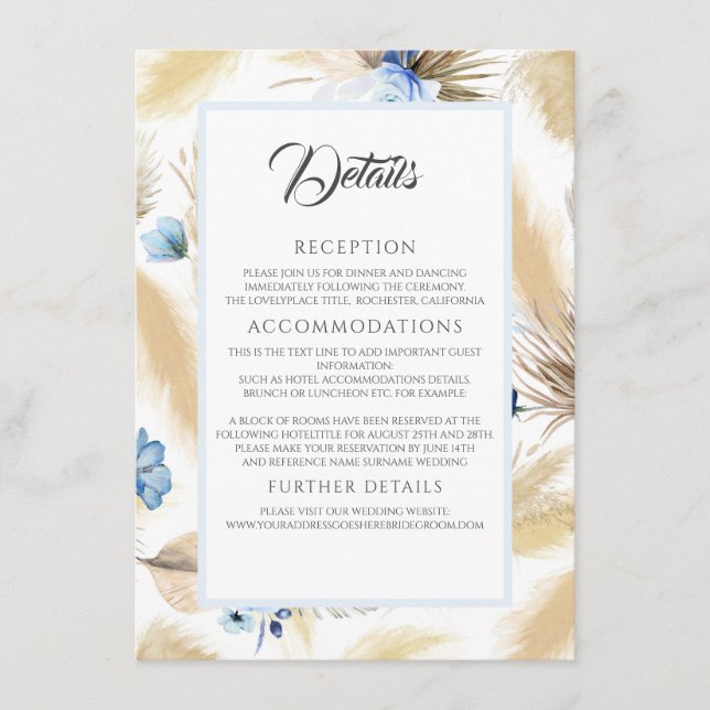 Pampas Grass und Dusty Blue Blume Hochzeitdetails Begleitkarte (Vorderseite)
