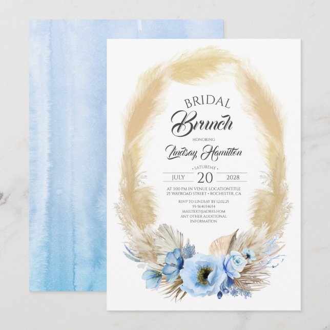 Pampas Grass und Dusty Blue Flowers Bridal Brunch Einladung (Vorne/Hinten)