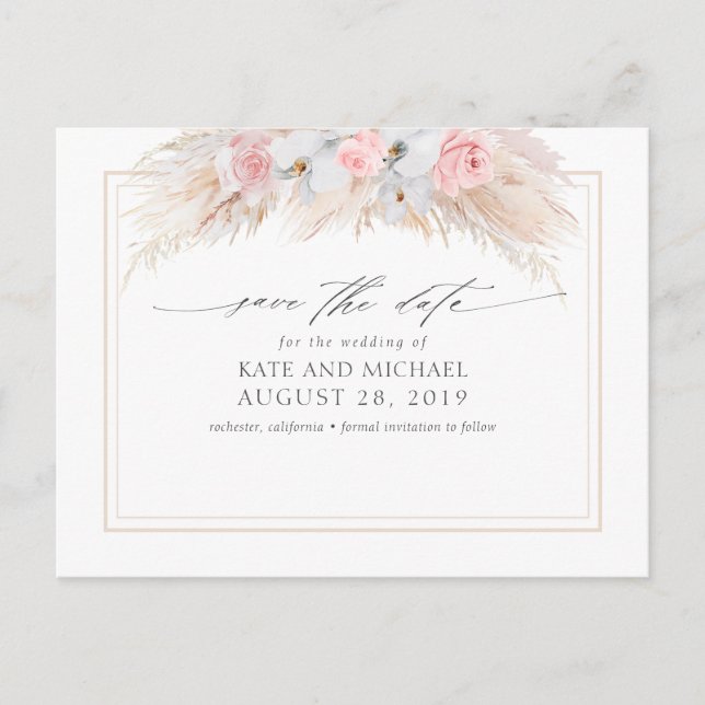 Pampas Grass und Weiße Orchideen Save the Date Postkarte (Vorderseite)