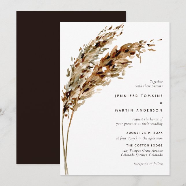 Pampas Grass Watercolor Boho Wedding Einladung (Vorne/Hinten)