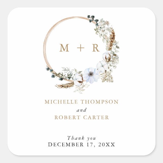 Pampas Grass Wedding Boho Terracotta Monogram Chic Quadratischer Aufkleber (Vorderseite)