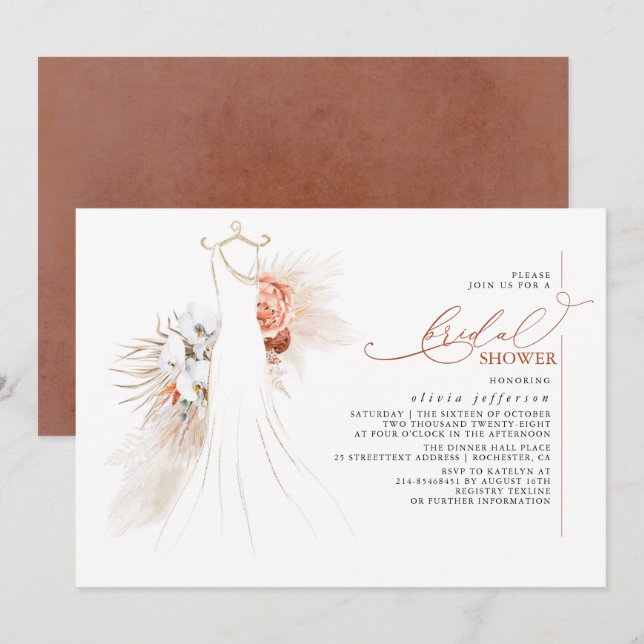 Pampas Grass Wedding Gown Terracotta Brautparty Einladung (Vorne/Hinten)