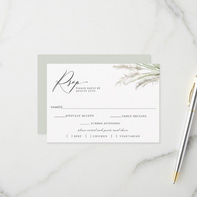Pampas Grass Wedding RSVP Meal Choice am Strand (Vorderseite/Rückseite Beispiel)