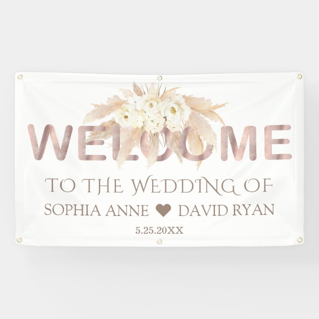 Pampas Grass Weiße Blume Hochzeit Begrüßungszeiche Banner (Horizontal)