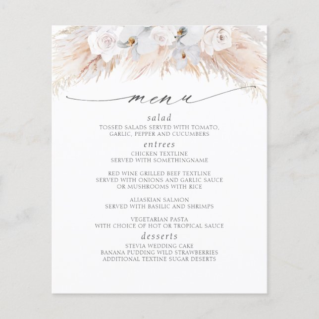 Pampas Grass White Florals Tropical Menü (Vorne)