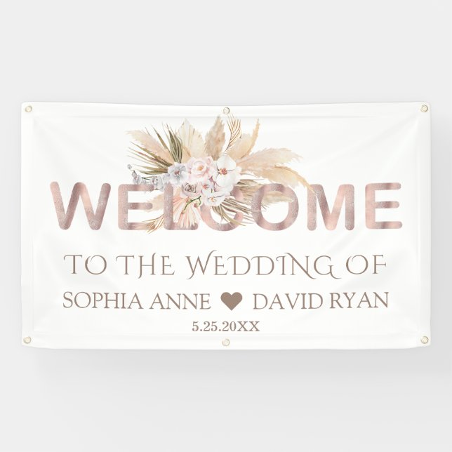 Pampas Grass White Orchid Hochzeit Begrüßungszeich Banner (Horizontal)