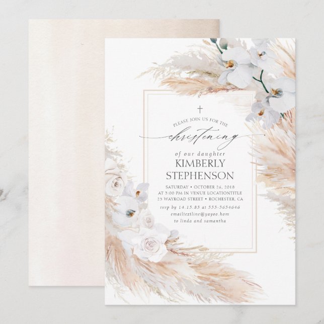 Pampas Grass White Orchids Tropical Christening Einladung (Vorne/Hinten)