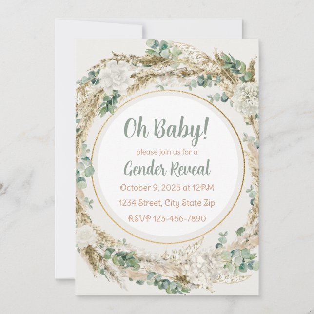 Pampas Greenery Neutral Tone Boho Gender Reveal Einladung (Vorderseite)