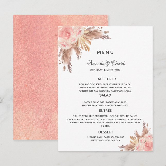 Pampas mariage herbe rose or fleuri menu carte (Devant / Derrière)