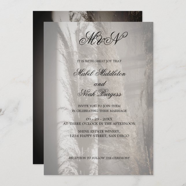 Pampas Mariage Romantique Script Invitation (Devant / Derrière)