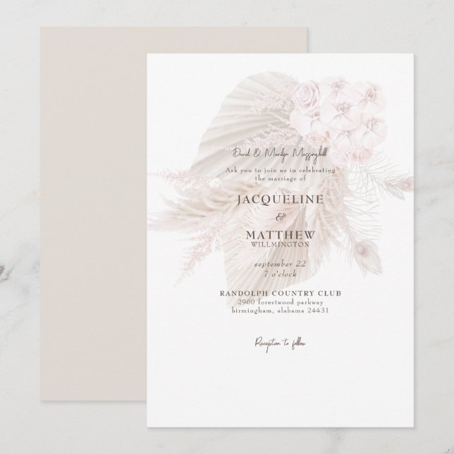 Pampas Mute Pink Blumenbride Eltern Hochzeit Einladung (Vorne/Hinten)