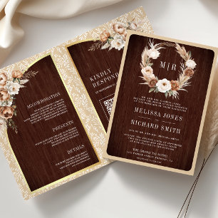 Pampas Neutral Beige Erdige Florale Holz Hochzeit Einladung
