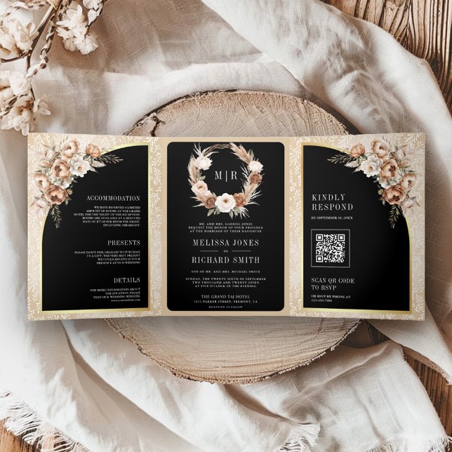 Pampas Neutral Beige Erthy Floral Black Wedding Dreifach Gefaltete Einladung (Von Creator hochgeladen)