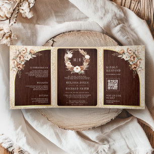 Pampas Neutral Beige Erthy Floral Wood Wedding Dreifach Gefaltete Einladung