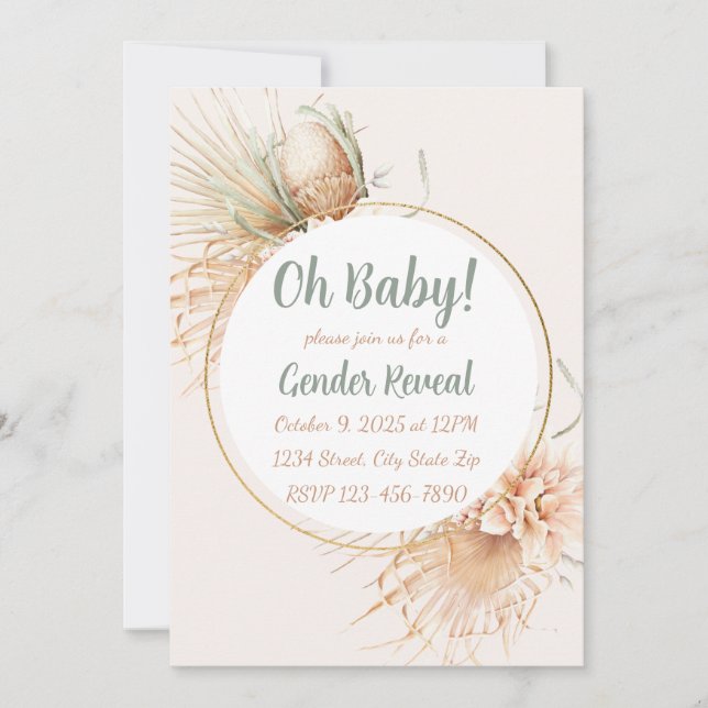 Pampas Palm Leaf Neutral Tone Boho Gender Reveal Einladung (Vorderseite)
