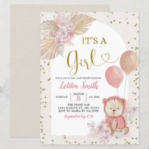 Pampas rose Boho Grass Girl Baby shower Invitation