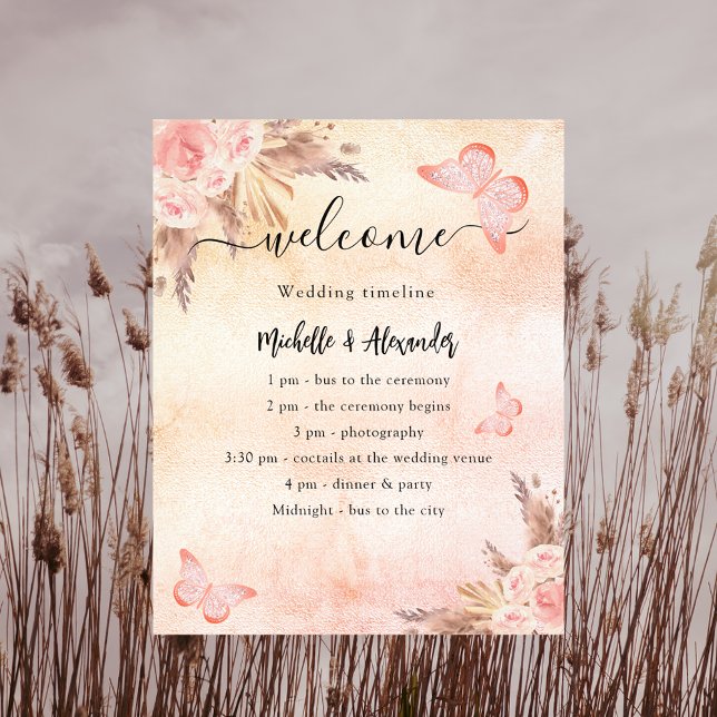 Pampas Rose Goldschmetterling Budget Hochzeitsprog Flyer (Von Creator hochgeladen)