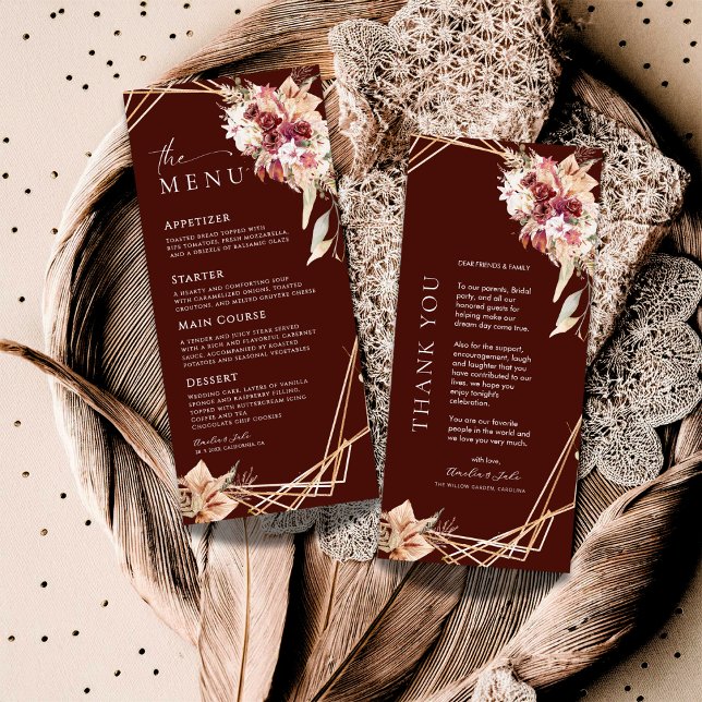 Pampas Rosewood Floral Gold Wedding Menükarte (Von Creator hochgeladen)