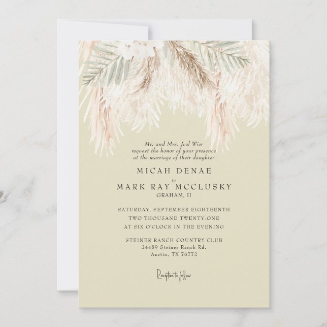 Pampas Soft Yellow Simple Wedding Einladung (Vorderseite)