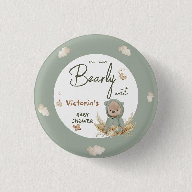 Pampas Teddy Bear Green Baby Dusche Gefallen Button (Vorderseite)
