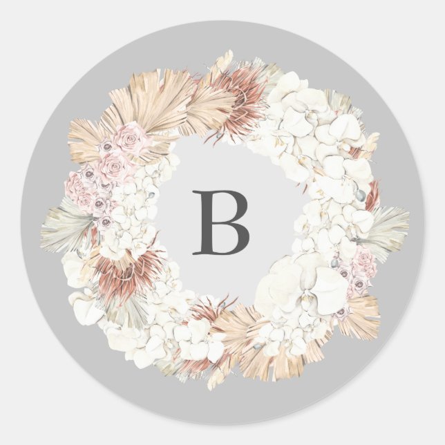 Pampas Ultimate Wreath Monogram Gray Runder Aufkleber (Vorderseite)