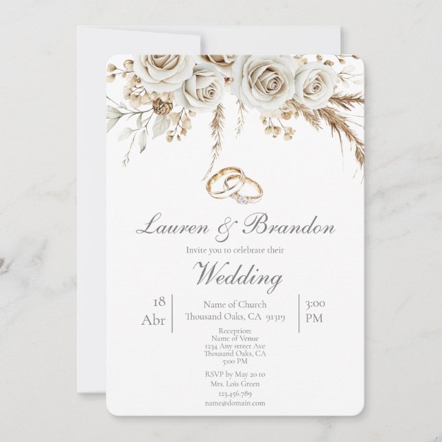 Pampas weißer Boho-Hochzeitseinladung Einladung (Vorderseite)