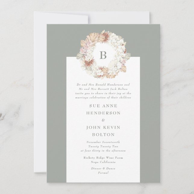 Pampas Wreath Moss Green Monogram Wedding Einladung (Vorderseite)