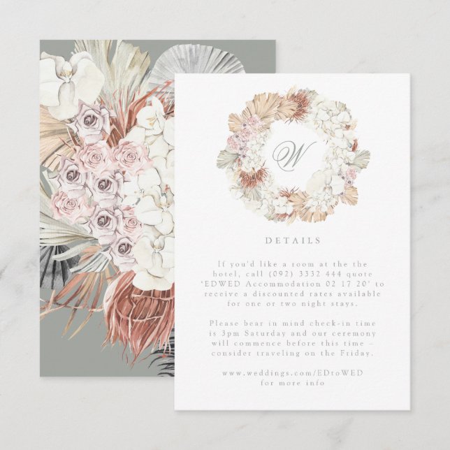 Pampas Wreath Moss Sage Green Monogram Elegant RSVP Karte (Vorne/Hinten)