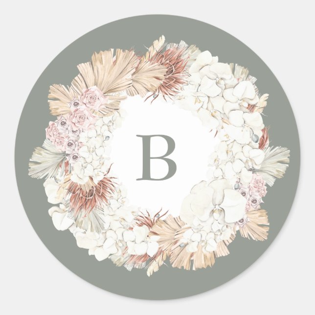 Pampas Wreath Moss Sage Green Monogram Simple Runder Aufkleber (Vorderseite)