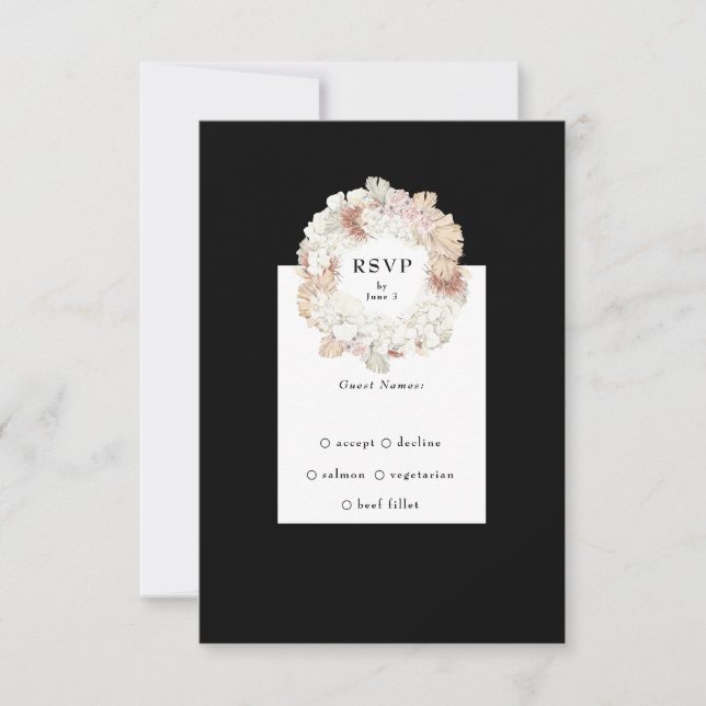 Pampas Wreath Onyx Black Premium Elegantes Monogra RSVP Karte (Vorderseite)