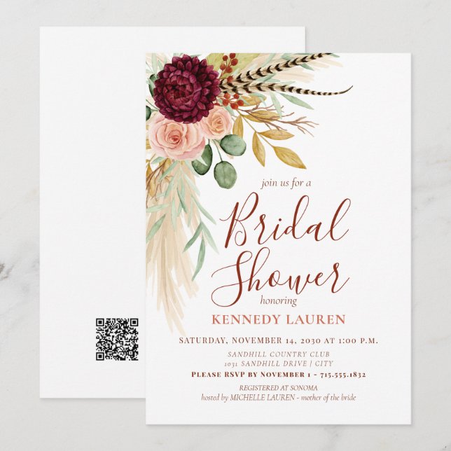 Pampasgras Boho Floral Brautparty QR-Code Einladung (Vorne/Hinten)