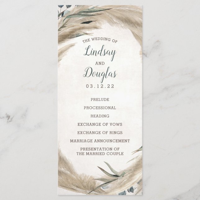 Pampasgras- und Grünzeug-Boho-Hochzeitsprogramme Programm (Vorderseite)