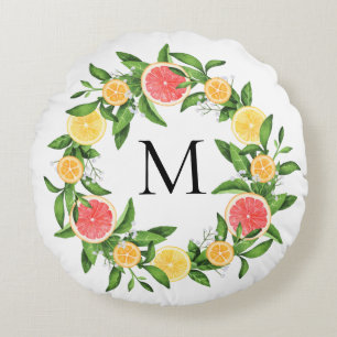 Pampelmusen-Zitronen-und Orangen-Kranz-Monogramm Rundes Kissen