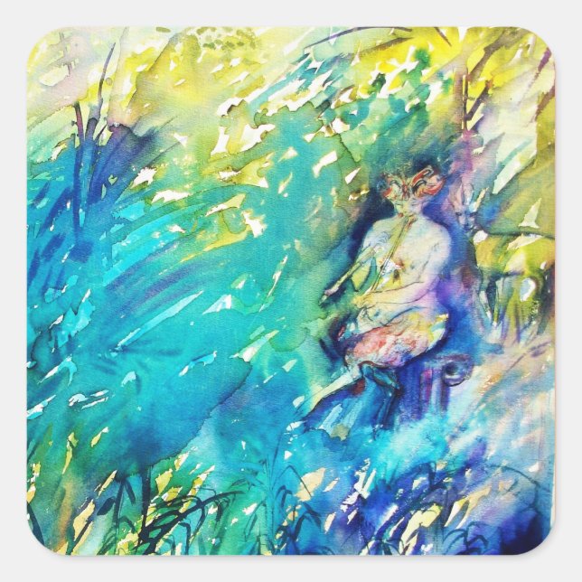 PAN PLAYING FLUTE AND DEINE IN GREEN WOODLAND QUADRATISCHER AUFKLEBER (Vorderseite)