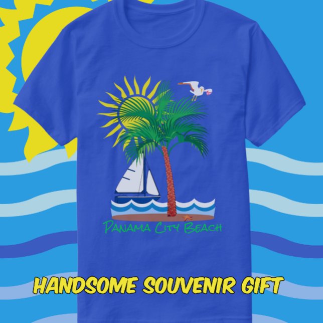 Panama City Beach Florida Palm Sailboat und Sun T-Shirt (Pick your shirt and text colors.)