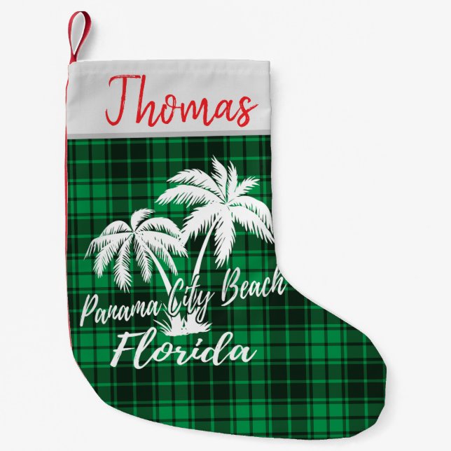 Panama City Beach Florida Palmen Grüne Kariert Kleiner Weihnachtsstrumpf (Vorderseite)