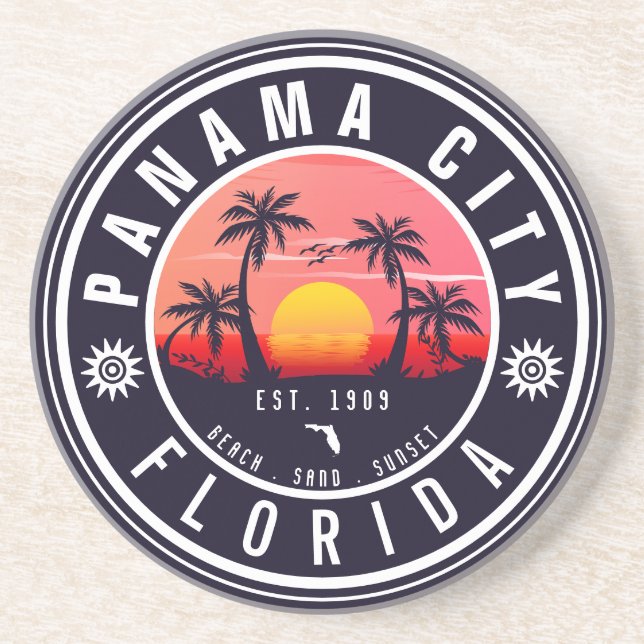 Panama City Beach Florida Retro Sunset Palm Tree Getränkeuntersetzer (Vorne)
